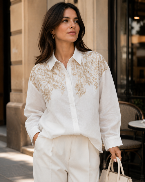 Chemise blanche brodée or