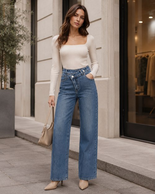Jean wide leg croisé — Bleu Denim